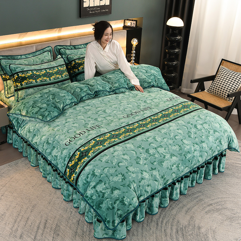 Milk Velvet Four-Piece Set, Golden Mink Velvet Coral Fleece Duvet Cover, Bed Skirt Style Bedding Wholesale, Ins-Style Plant Floral Design