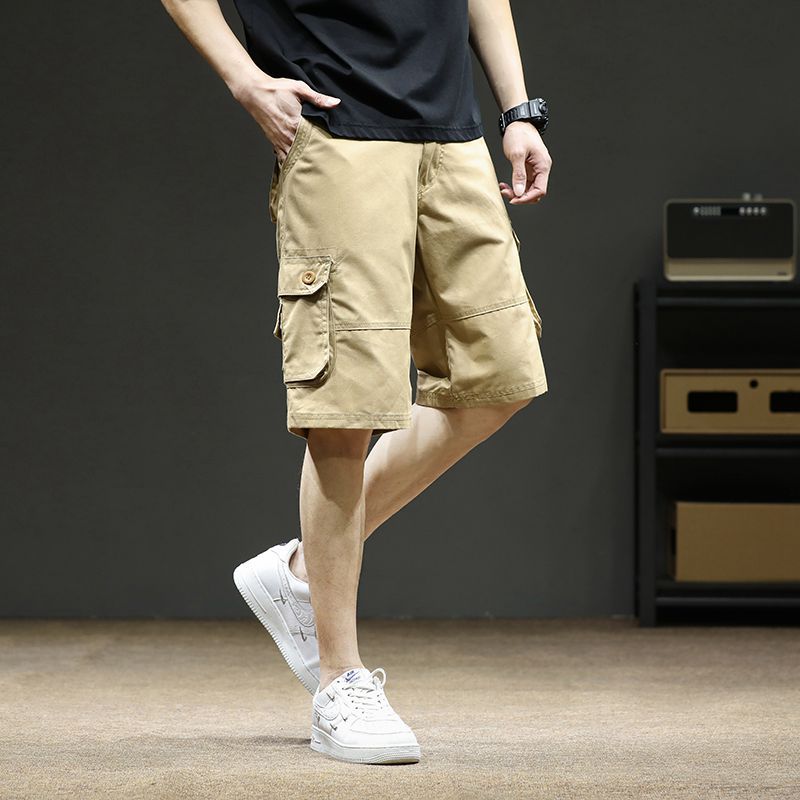 Plus tamaño pantalones medios pantalones cortos casuales de verano multi-bolsillo de los hombres sueltos rectos pantalones cortos de algodón lavado
