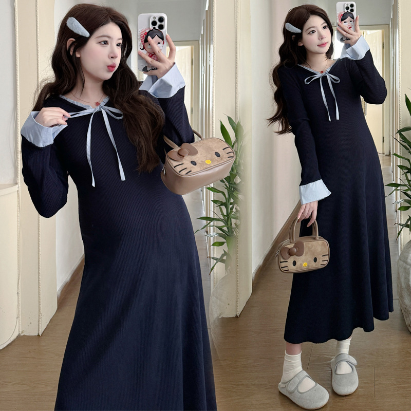 Maternity Dress Autumn/Winter 2026 New Style, Stylish French-Style Outfit for Pregnant Moms, High-End Navy Blue Dress for Autumn
