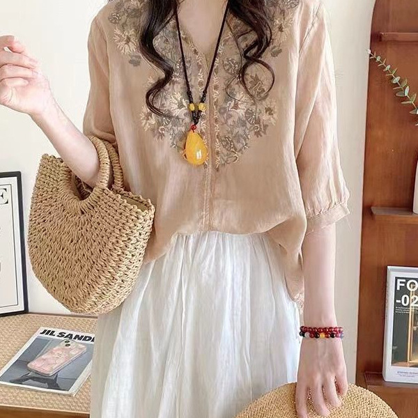 Shirt Women's Summer Literary Loose Work Clothing Embroidered New Style 2024 Cotton Mid-Sleeve V-Neck Pullover Doll Shirt Top