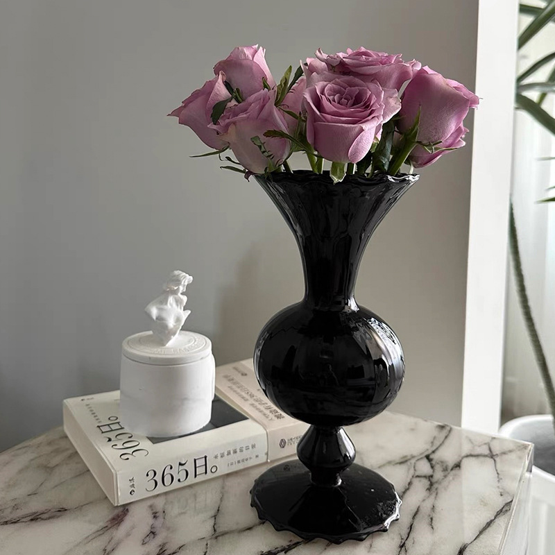 中古黑花瓶小红书黑硝子花器客厅书房茶室花店雅致玻璃工艺品摆件