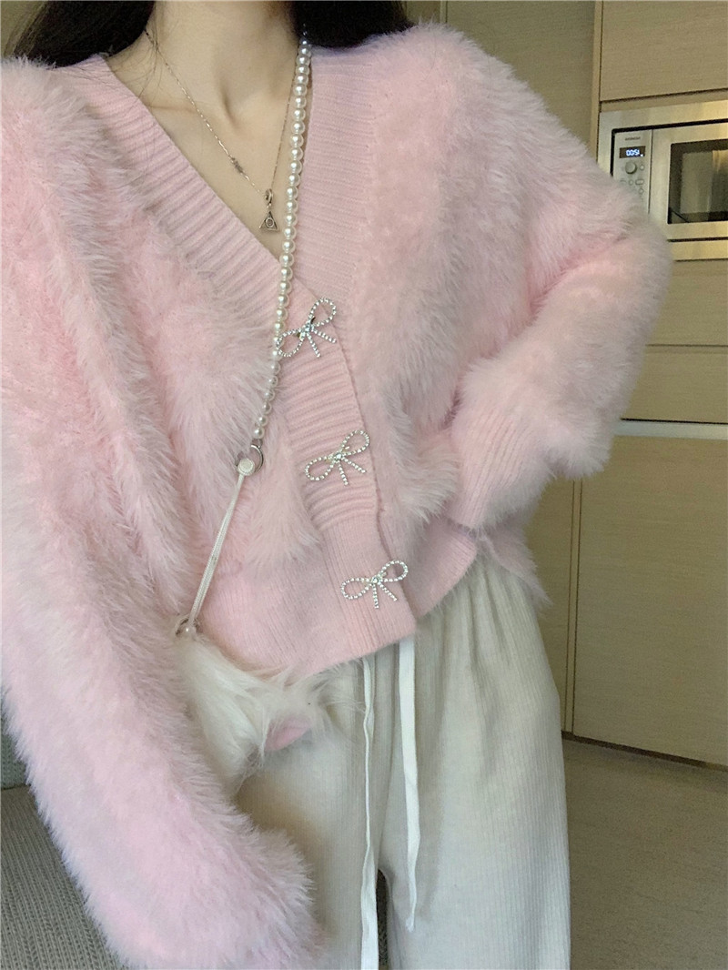 Pure Color Faux Mink Wool Cardigan - Pink