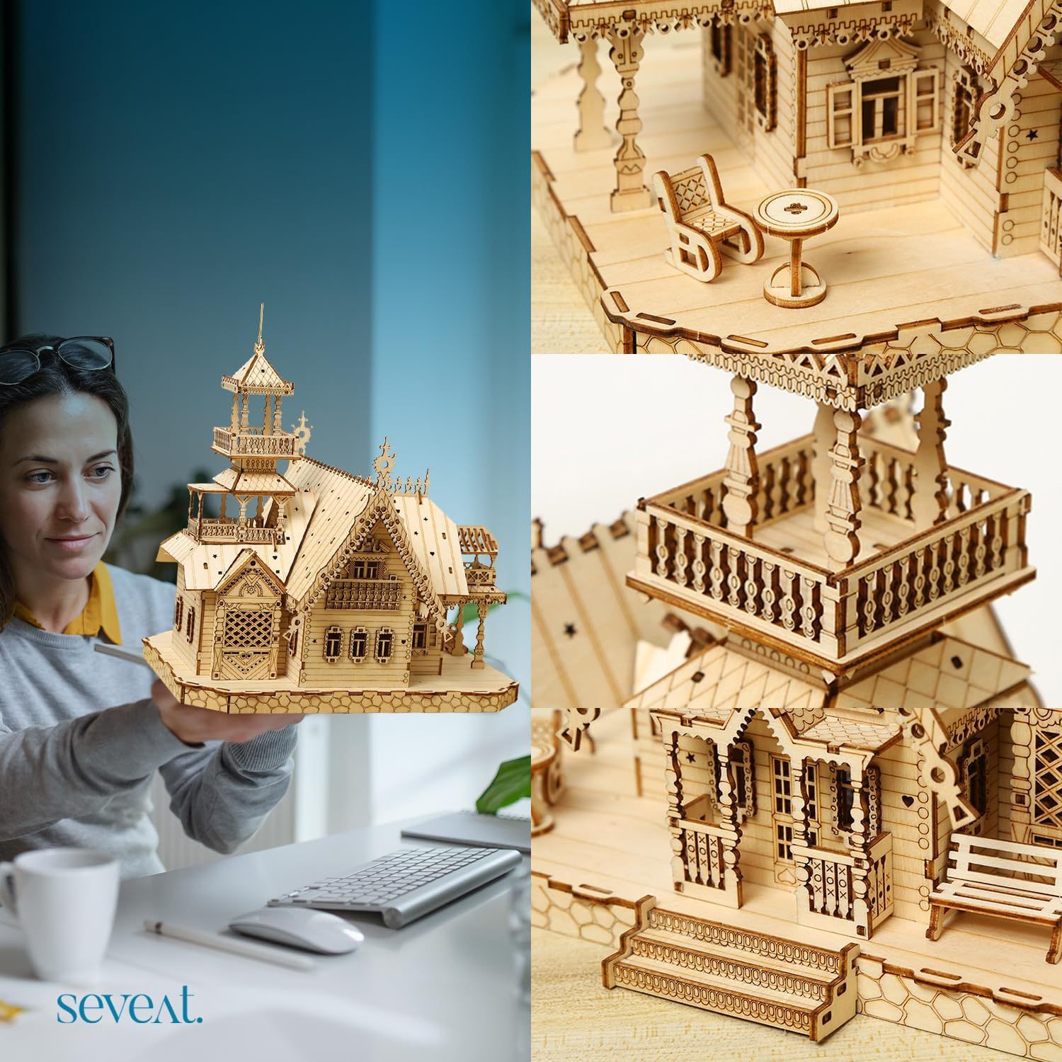 Spot 3D Stereo Assembled Model Wooden DIY Handmade Educational Toys Light Retro House