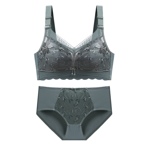 Sexy French embroidery bra set for fat mm with big breasts, full cup adjustment, ultra-thin latex underwear for women