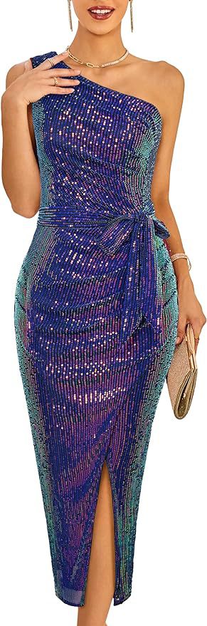 Vestido de lentejuelas de un solo hombro sin mangas para mujer Vestido cruzado brillante brillante Vestido de boda de cóctel con puntas abiertas