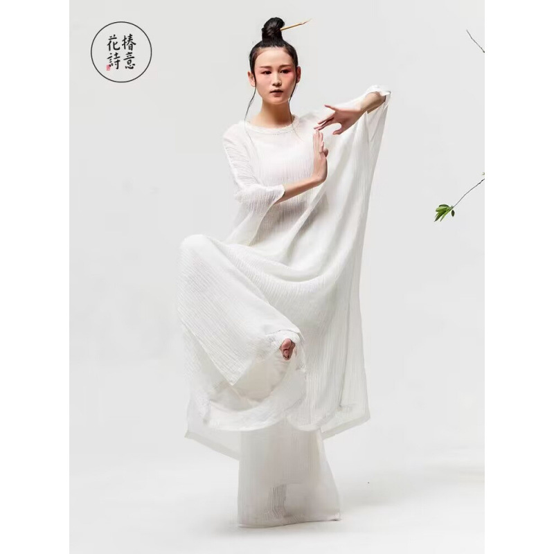 3件套禅意国风苎麻连衣裙宽松大码女装禅舞服女棉麻白长袍