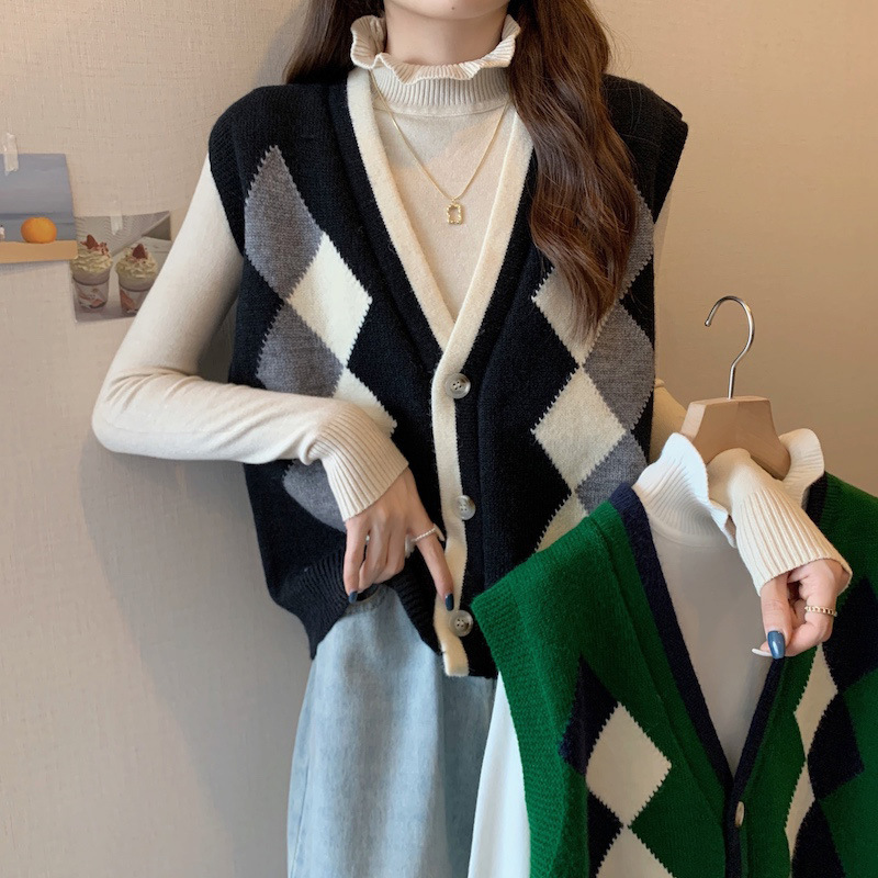 Cross-Border Retro Diamond-Shaped Knitted Sweater Vest for Women, New Autumn Style, Loose-Fitting Women's V-Neck Sleeveless Cardigan