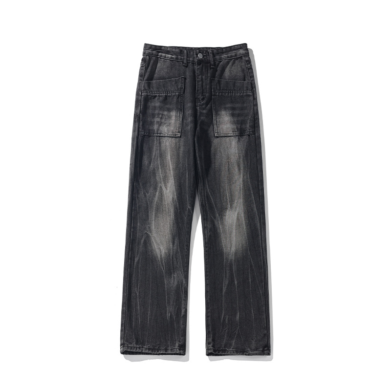 Jean homme délavé style américain, marque tendance, coupe ample, motif éclair, pantalon droit, disponible en prêt-à-porter._voghion.com