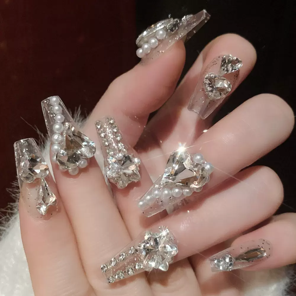 手作高级穿戴甲 爱心雪花玻璃大钻假指甲片 欧美ins风显白美甲片