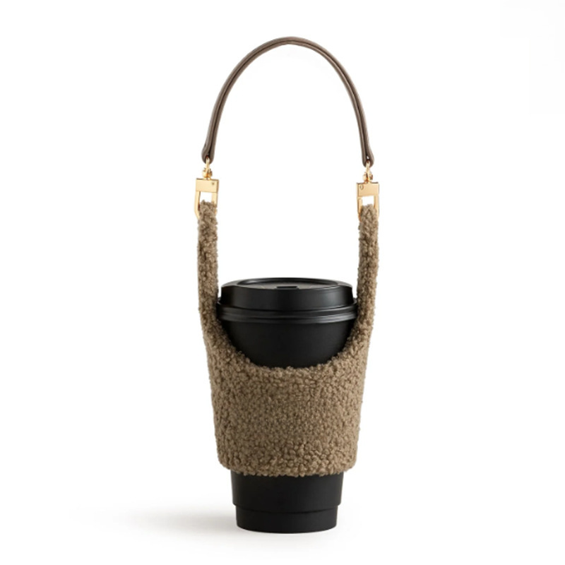Winter Warm-Thermal Teddy Plush Handbag Coffee Mug Cup Cover Cute Fuzzy Insulated Anti-Scald Cup Cover