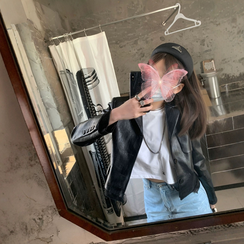 Designer short black PU leather retro design jacket jacket leather coat women's clothing small