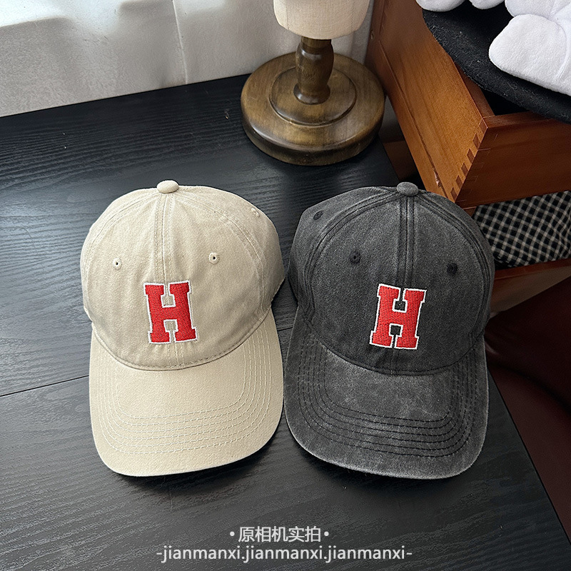 水洗牛仔做旧H字母棒球帽女夏季软顶透气复古美式百搭休闲鸭舌帽|undefined