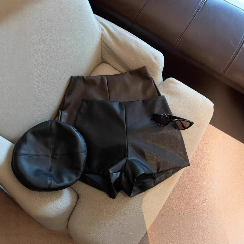 American Retro Pu Leather Shorts Women's Summer New High-Waisted Slimming Loose Casual Pants