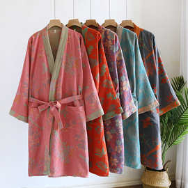 水洗棉纱长袖腰带大红睡袍单件女印花中长款家居浴