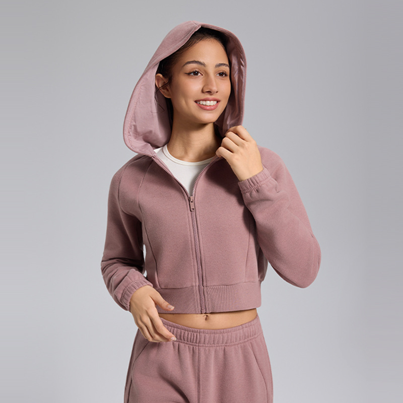 秋冬短款运动外套女拉链加绒瑜伽健身服小个子显高休闲连帽上衣|undefined