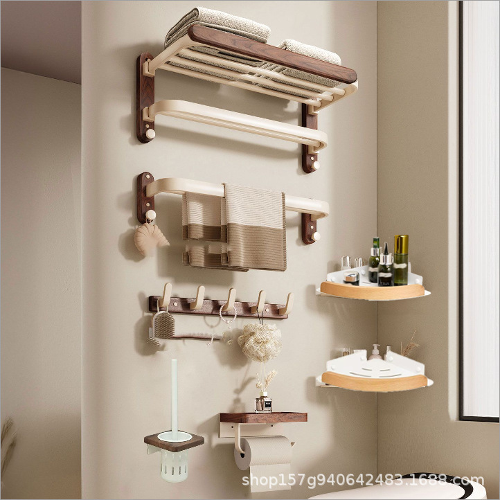 No-Drill Walnut Wood High-End Bathroom Storage Rack Towel Rack Set Bathroom Foldable Aluminum Alloy Towel Rack No-Drill Walnut Wood High-End Bathroom Storage Rack Towel Rack Set Bathroom Foldable Aluminum Alloy Towel Rack