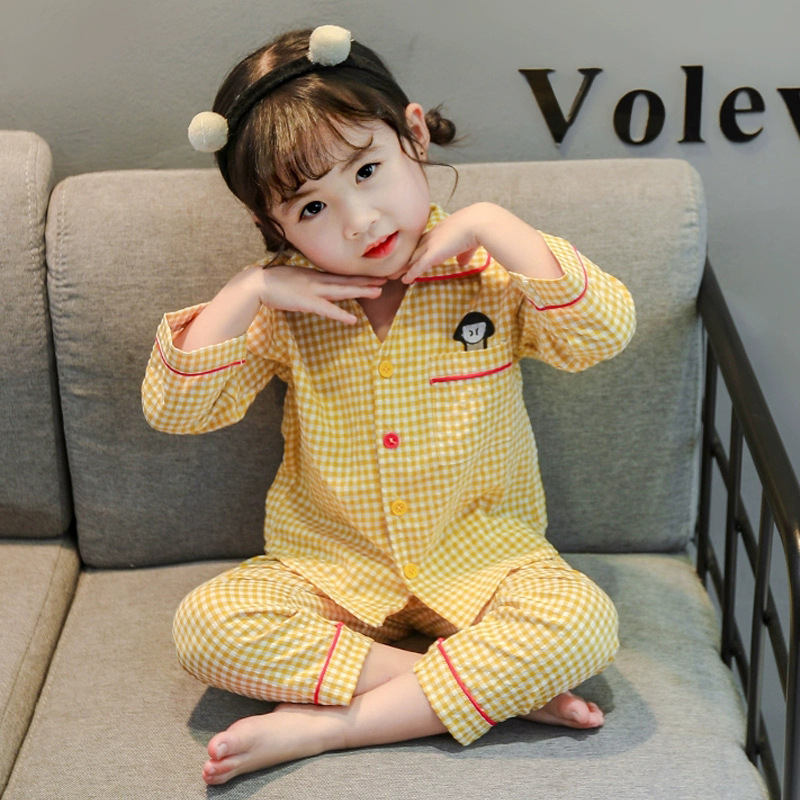 2021 Autumn Korean Edition Two-Piece Set For Children New Style Girls Cotton Plaid Home Pajamas For Children And Boys