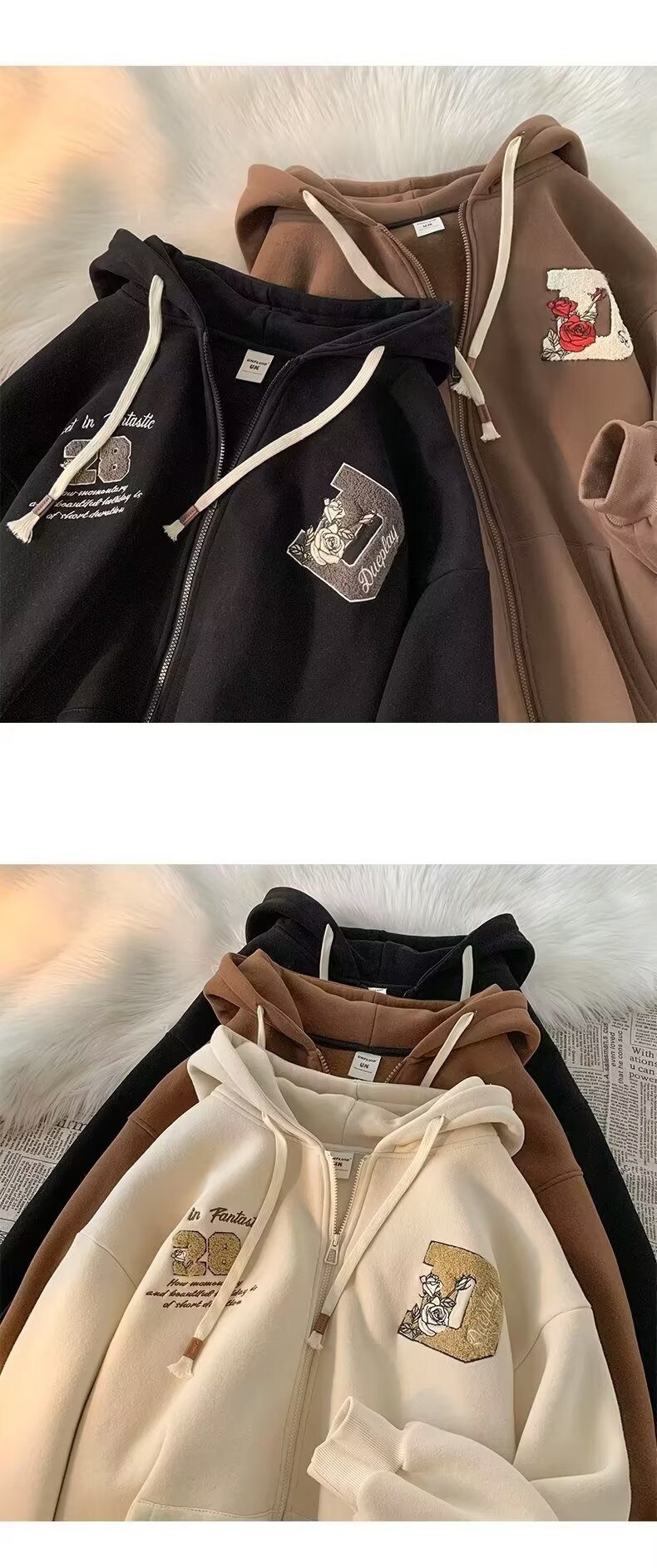 Felpa con cappuccio e cerniera retrò – Felpa unisex oversize con grafica anime (beige/marrone/nero, S-3XL)_voghion.com