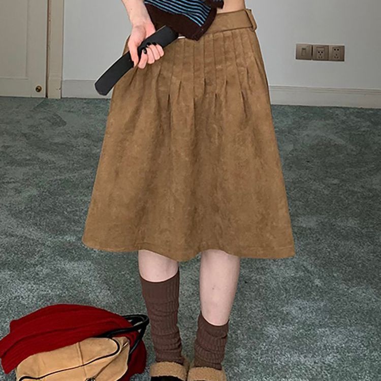 复古鹿皮绒百褶半身裙女秋冬新款洋气高腰显瘦百搭中裙子纯色