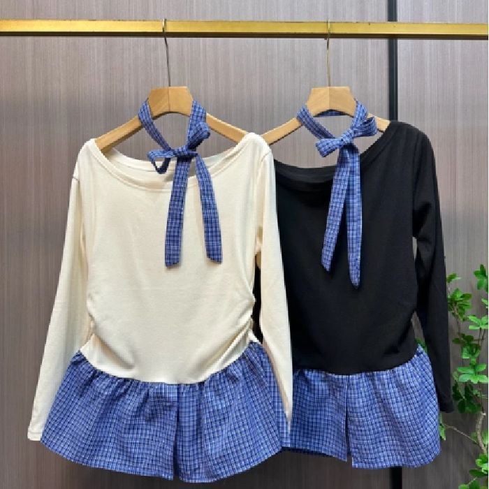 ホットガール気質ニッチフェイクツーピースオフショルダーチェック柄スプライシング長袖Tシャツ春秋シックな痩身トップ|undefined
