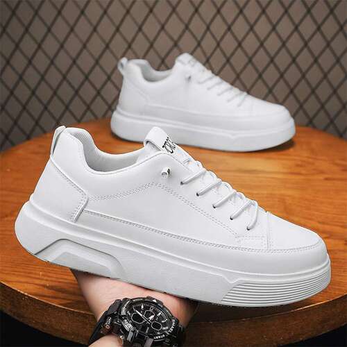 Men's all-season slip-on black leather shoes, versatile casual sports shoes, thick sole, height increasing, waterproof men's board shoes