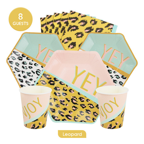 Hot stamping leopard print themed adult birthday party supplies decoration disposable tableware set paper plates paper cups tissue paper