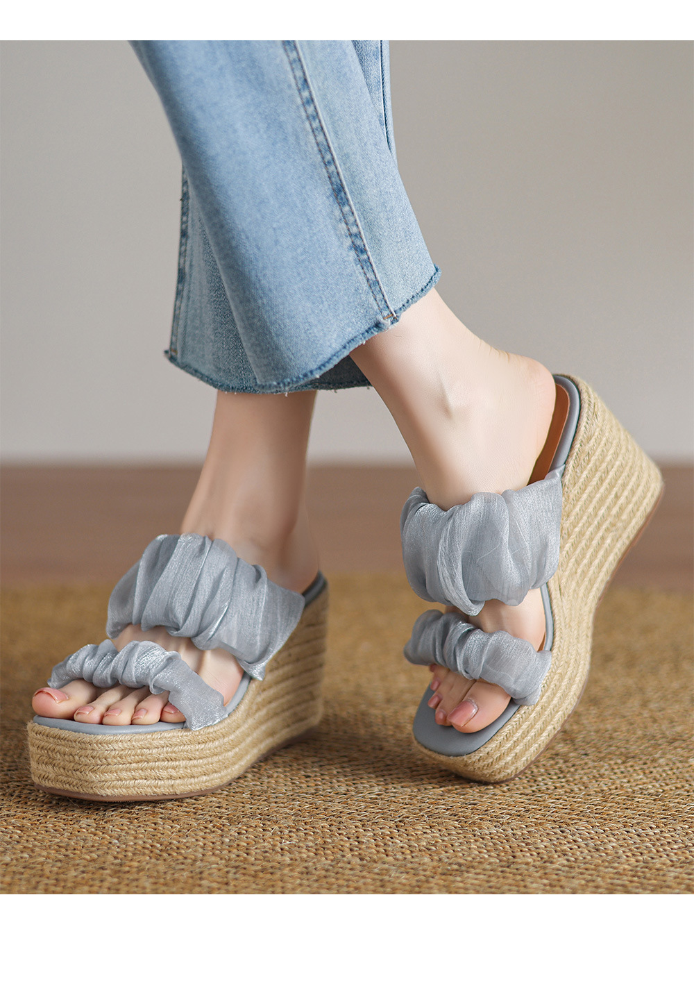 Sandal hở mũi cao gót 10cm quai ngang satin đế độn cao mới hè 2025 — Màu xanh lam nhạt, Màu hồng, Màu trắng be chi tiết 15