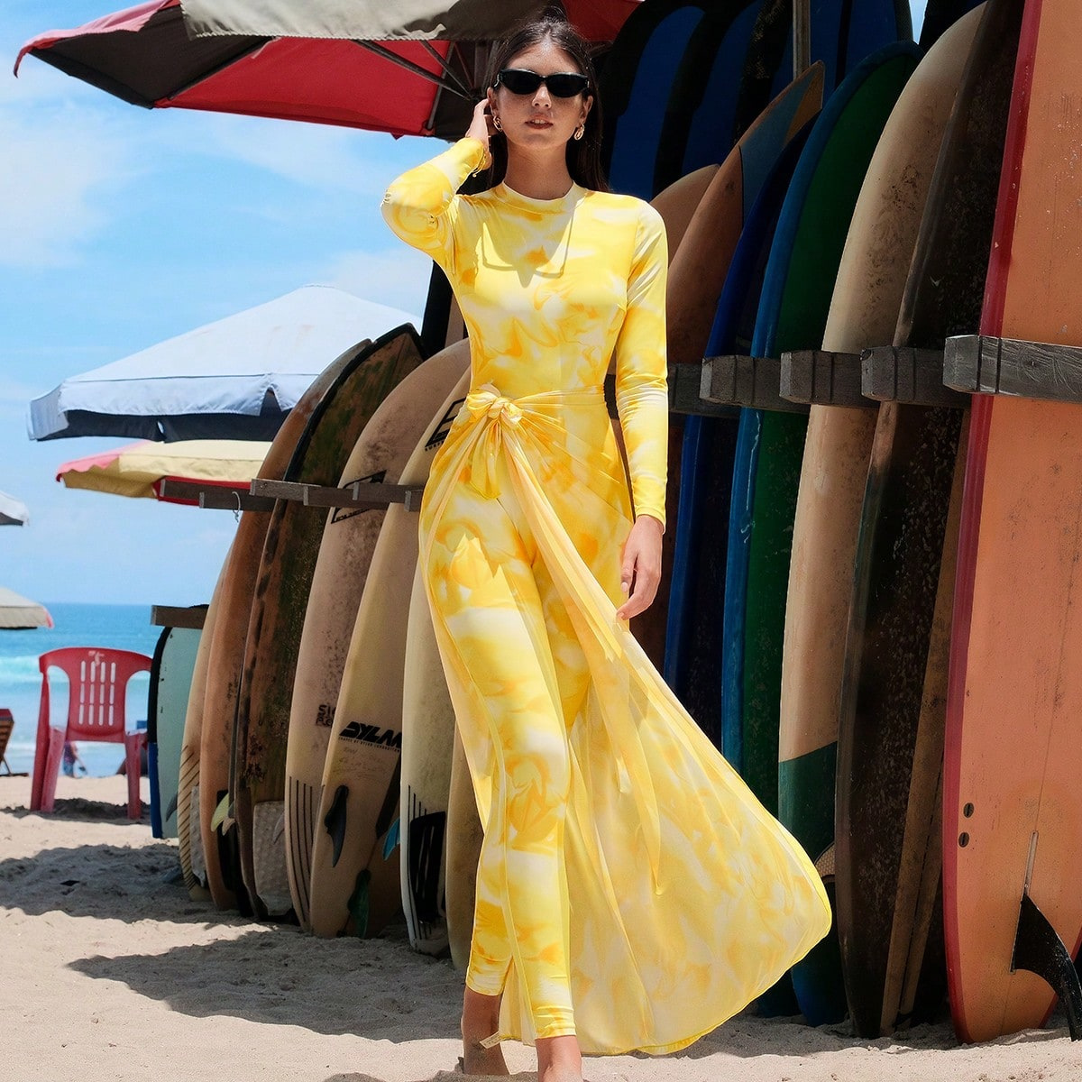 European and American Long-Sleeved One-Piece Swimsuit Female Sexy Beach Cross-Border Vacation Surfing Sun Protection Wetsuit Two-Piece Swimsuit for Women