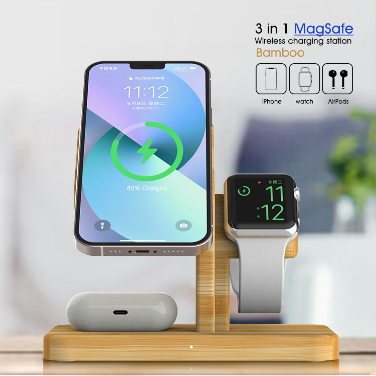 New carbonized bamboo magnetic wireless charging all-in-one watch wireless charging AirPods multi-function charging bracket