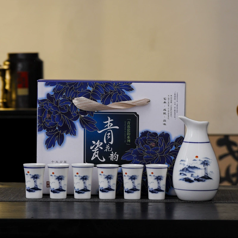 Сине-белый фарфор 7 головок винный набор из жемчужного хлопка