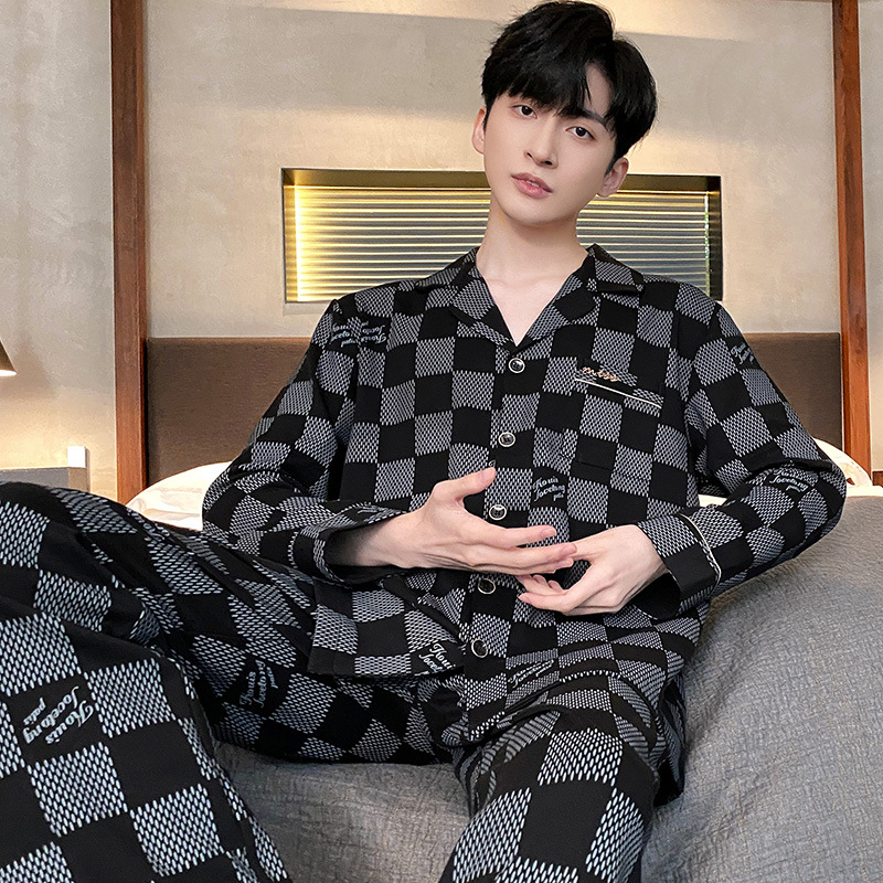 Pijamas de los hombres de primavera y otoño de manga larga casual de los hombres más el tamaño de la juventud suelta temperamento de mediana edad conjunto completo traje de moda para el hogar