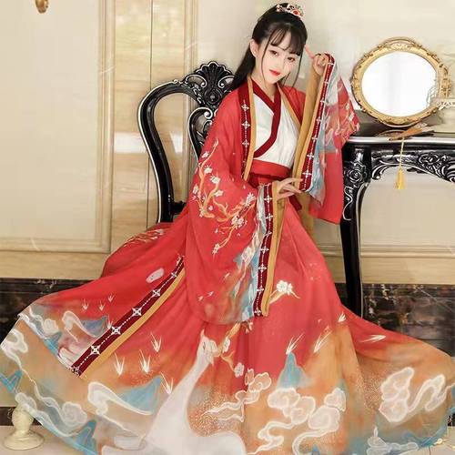 Tang Dynasty Hanfu  Green Red Princess cosplay Fairy dress for women  Chinese wei jin song wind waist Ru daily wind ancient fairy skirt 