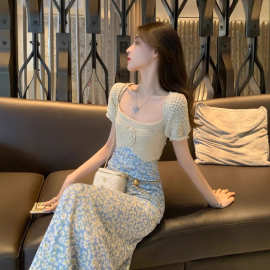 小香风质感连衣裙女夏气质收腰法式长裙感碎花高级