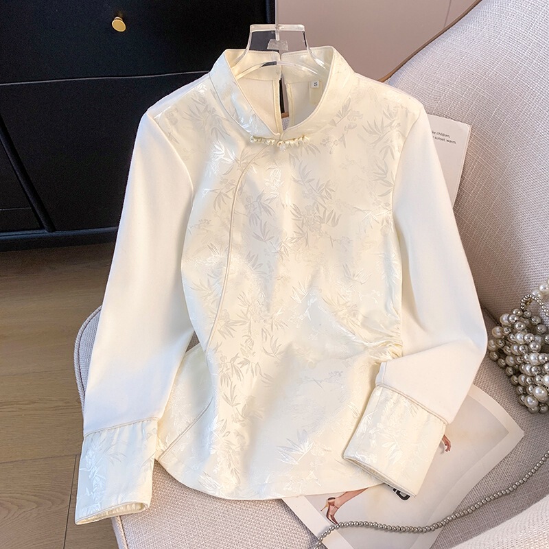 Real Shot of New Chinese Style Ethnic Style Han Dynasty Stand-Up Collar with Plate Buttons Jacquard National Trend Splicing Han Dynasty Women's Tops