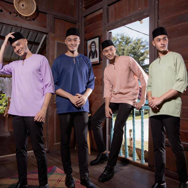 Cross-Border Men's Kurta Solid Color Mid-Length Sleeve T-Shirt Casual Top Available in Multiple Colors Cocoa Shirt Southeast Asia