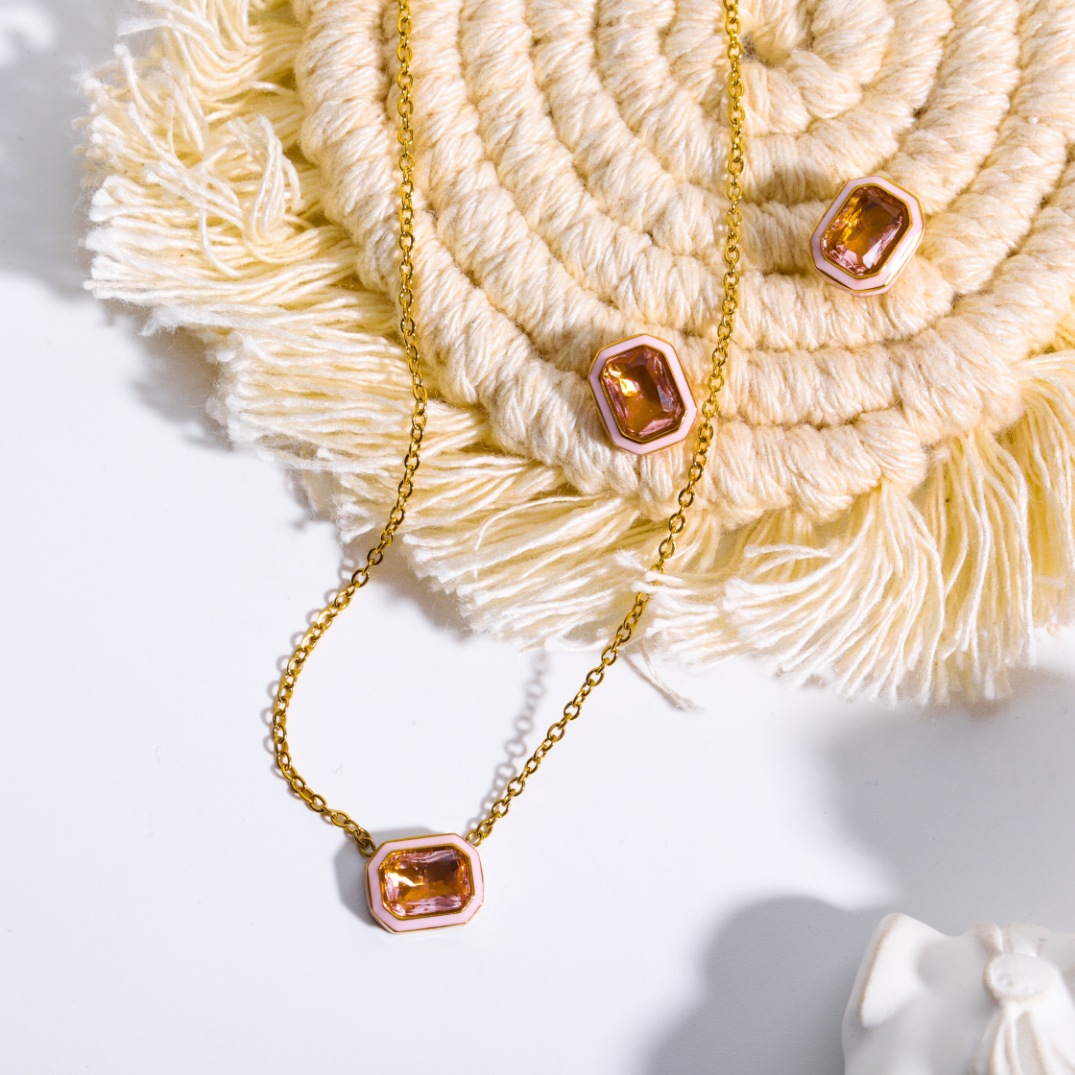 Fashion Square Stainless Steel Inlay Zircon Earrings Necklace