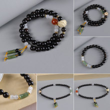 天然黑檀木双圈diy手串玉石吊坠梅花莲花男女情侣手链饰品礼物