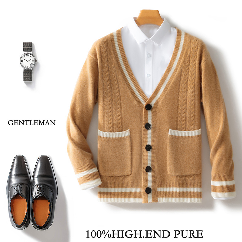 羊毛男士羊毛衫开衫口袋撞色秋冬休闲潮流百搭毛衣外套撞色新款