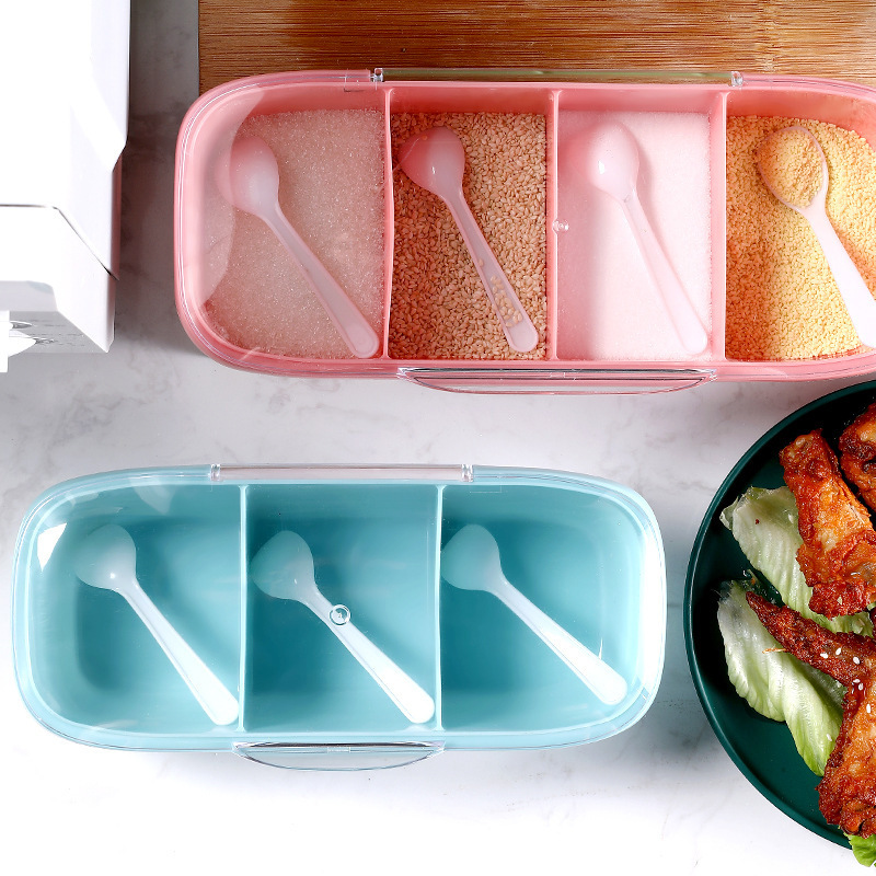 家庭用アイデアスプーン付き調味箱味の素塩カバー式プラスチック多格調味料箱キッチン調味料収納箱|undefined