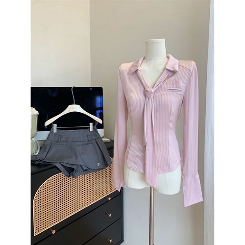 Silky-waistline, slim-fit, solid-color shirt with notched lapel and long sleeves—women's tie-neck top paired with skirt-trousers two-piece set