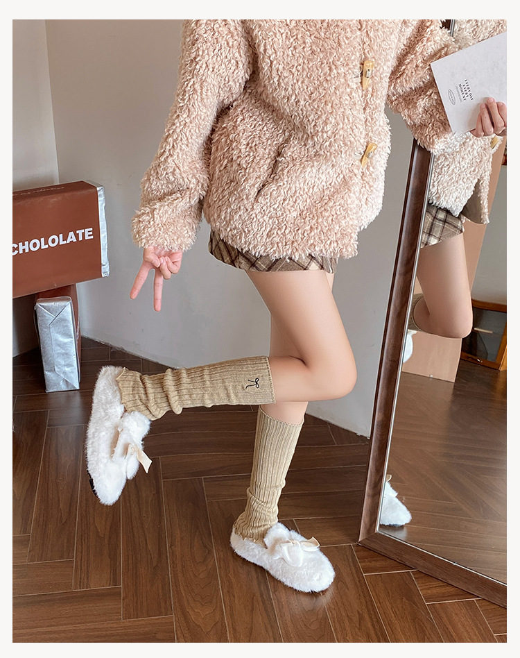 Leg Warmers Women's Autumn And Winter Pile Socks With Embroidered Bows, Maillard Ruffles And Japanese Style Knitted Calf Socks_voghion.com