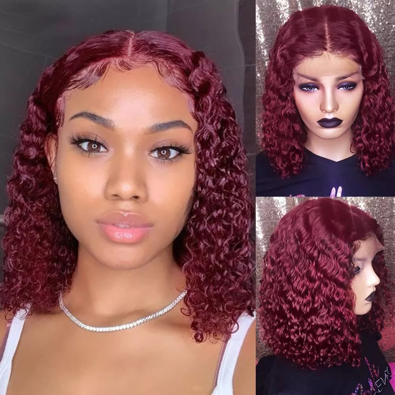 Foreign Trade Wig for Women 13*4 Lace Front Burgundy Small Curly Short Hair African Synthetic Wholesale Burgundy Gradient