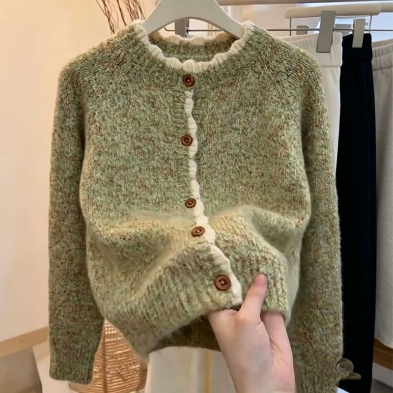 Gentle Korean-style retro green round-neck knitted cardigan, new loose-fitting long-sleeve solid-color sweater, versatile outerwear