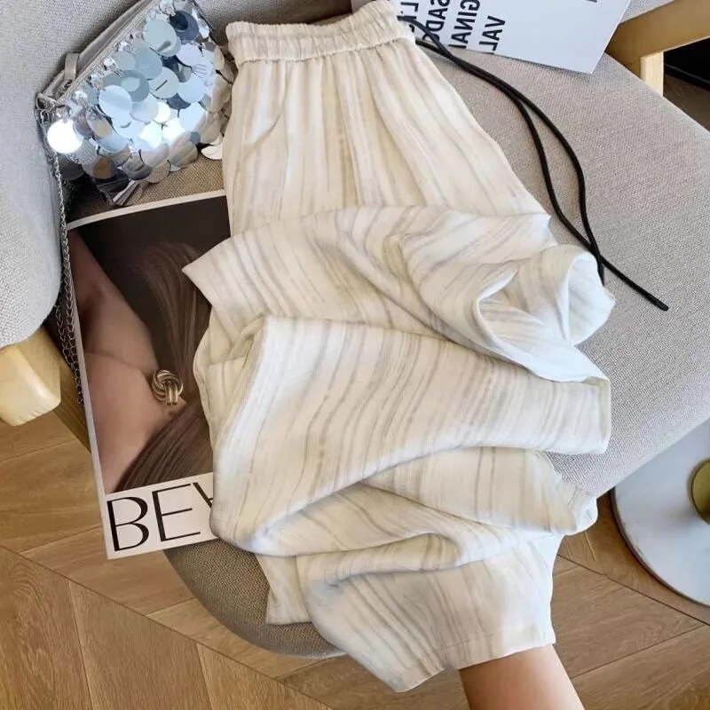 Customizable Embroidered and Printed Petite Ice Silk Satin Striped Drapey Wide-Leg Pants for Women, Summer Thin Style Customizable Embroidered and Printed Petite Ice Silk Satin Striped Drapey Wide-Leg Pants for Women, Summer Thin Style