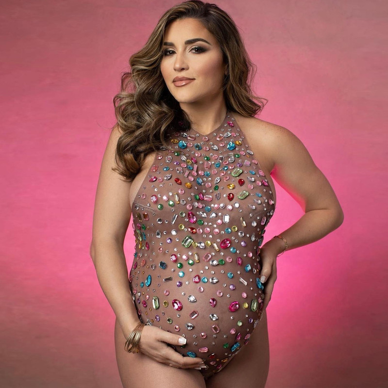 Colorful Colored Diamond Pregnant Women Photographing Jumpsuit Hanging Neck Backless Color Diamond Mesh Jumpsuit