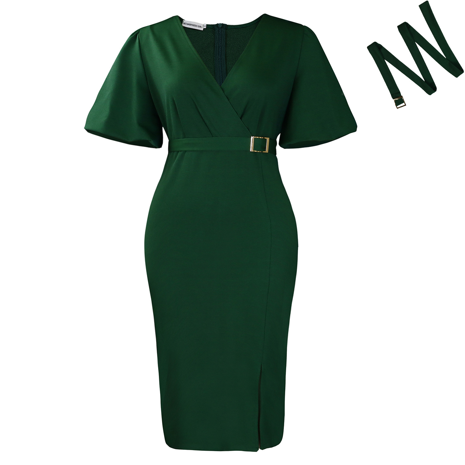 Fashionable Womens Dress V Neck Puff Sleeves Solid Color Bodycon Fit Side Slit Perfect for Parties or Events
