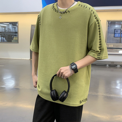 Waffle Short Sleeve T-Shirt American Street Style Ins Couple Men Half Sleeve Summer Heavyweight Loose Trendy Cool Shirts