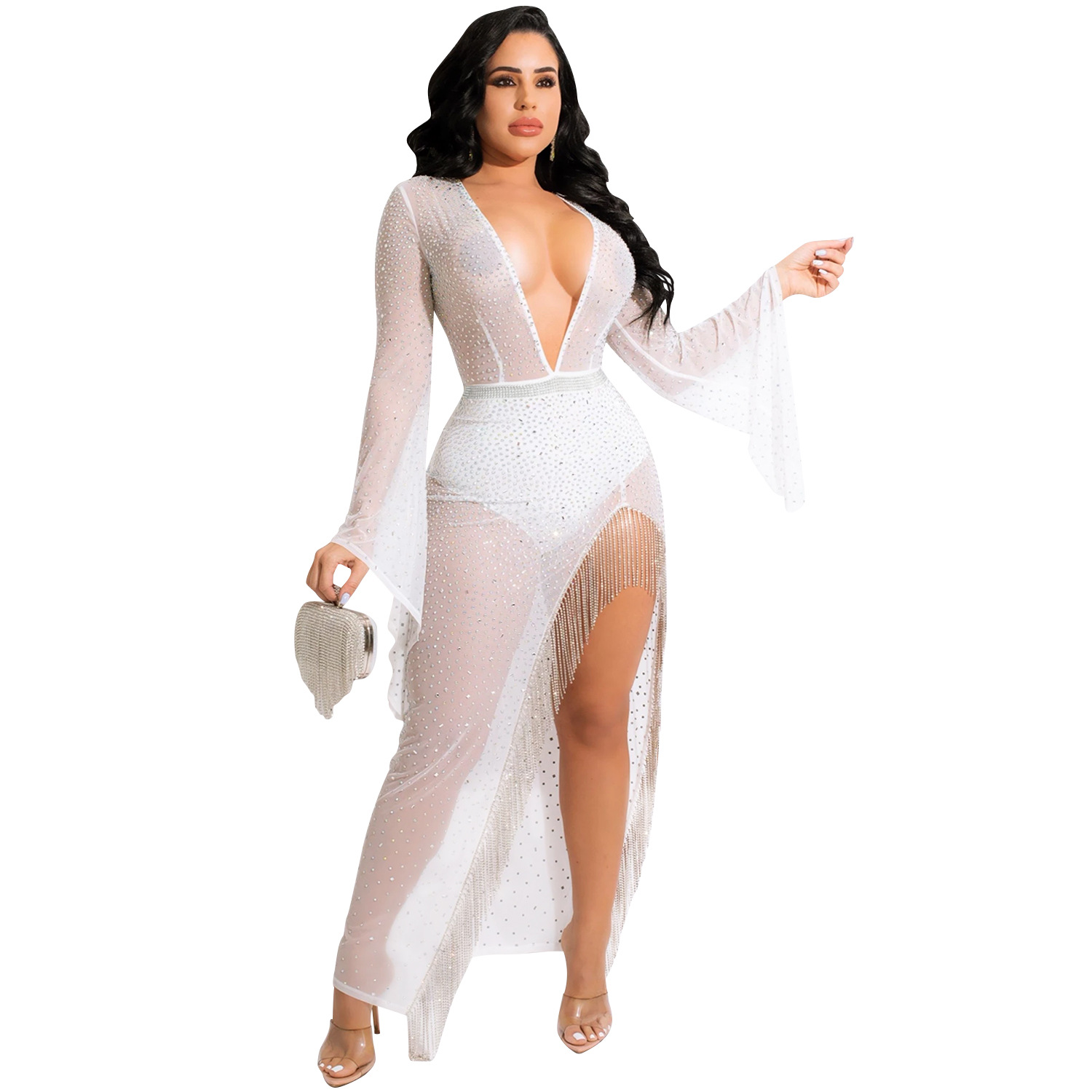 X5597 AliExpress moda sexy discoteca caliente rhinestone profundo V manga ancha irregular split borla vestido de las mujeres