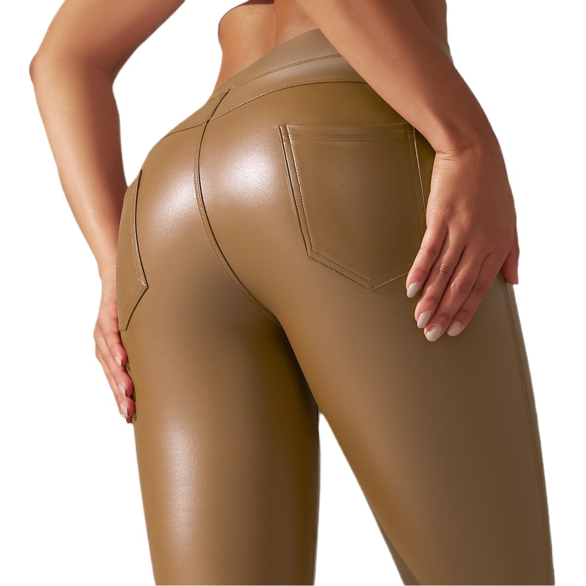 Liquidación: Pantalones de yoga de cuero PU estilo europeo y americano, de cintura alta, control de abdomen, adelgazantes, moldeadores, levanta glúteos, pantalones capri.