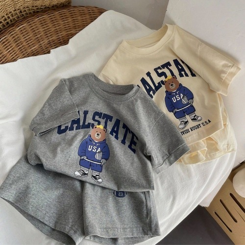 Male and female baby set 2024 new summer style small and medium-sized bear cartoon style thin casual sports two-piece set